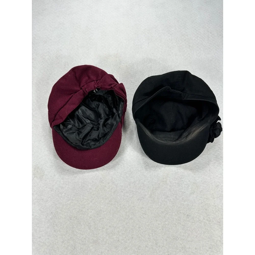 August Hat Company Newsboy Cap Set 2 Burgundy Wool Blend Black Linen Cotton Bow